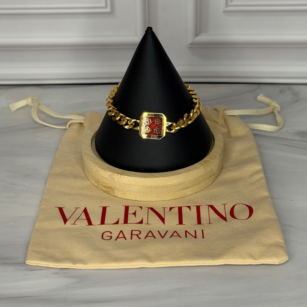 Valentino Garavani Gold Chain Bracelet | Red Enamel Detail | 6.5” | Dust Bag - Picture 5 of 6